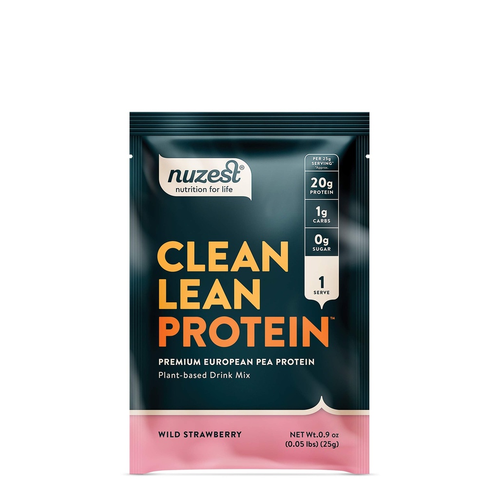 Nuzest - Proszek z protein grochowych - Białko o czystej barwie, Proszek z proteiny roślinnej Premium, Proszek z białka bez nabiału, Wolny od glutenu, Wolny od GMO, Naturalny Sweetened Protein Shake, Wild Truskawka, 1 Serving, 0,9 oz