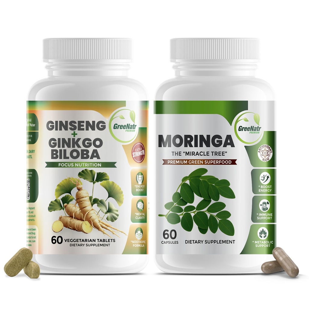 GreeNatr Ginkgo Biloba, Panax Ginseng Supplement and Moringa Capsules Bundle - Ginkgo Biloba Supplements for Immune Support and Energy Boost - Moringa Supplement for Concentration and Good Memory