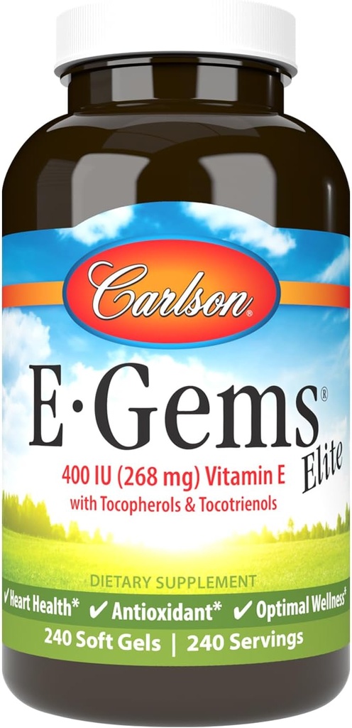 Carlson - E- Gems Elite, 400 j.m. Witamina E z Tokoferolami i Tokotrienolami, Witamina E Kapsułki, Heart Health & Optimal Wellness, Przeciwutleniacz, Suplement Witaminy E, 240 Softgels