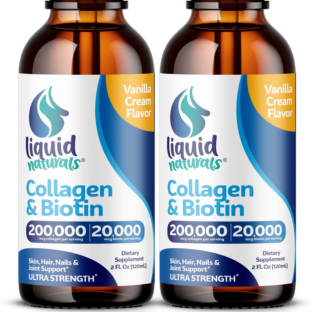 Liquid Collagen and Biotin, 2 Fl. Oz, Ultra- Siła Kolagen Suplementy dla kobiet, Keto Przyjazny Biotin dla kobiet wzrost włosów, paznokci, & skóry Vitamin B7 Collageno Peptides - Vanilla Flavor - 2 Pack