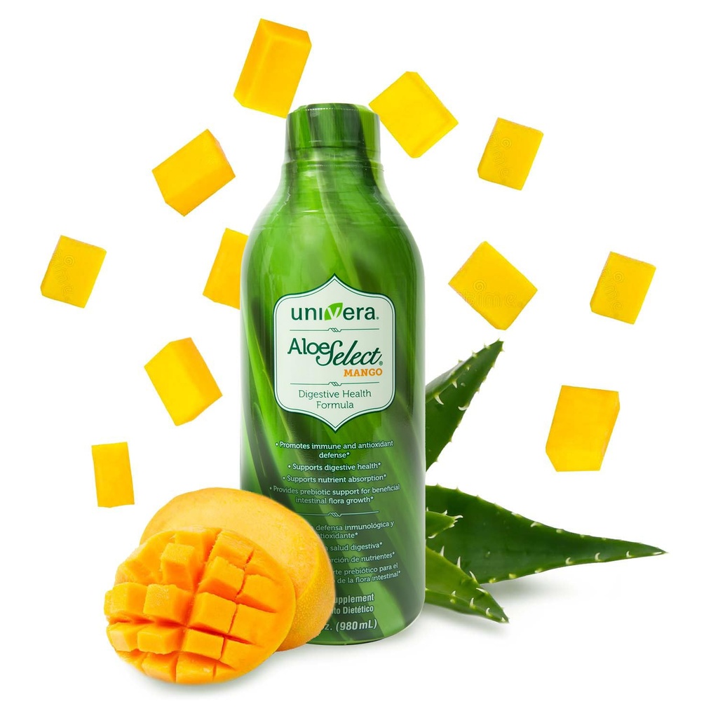 Univera Aloe Vera Juice, Preminum Organic Aloe Vera, Digestive Enzymes for Gut Health, Immune Support, Prebiotic Supplement, Reduces Inflatitis, Mango Flavor, 30 Day Supply (33 fl oz)