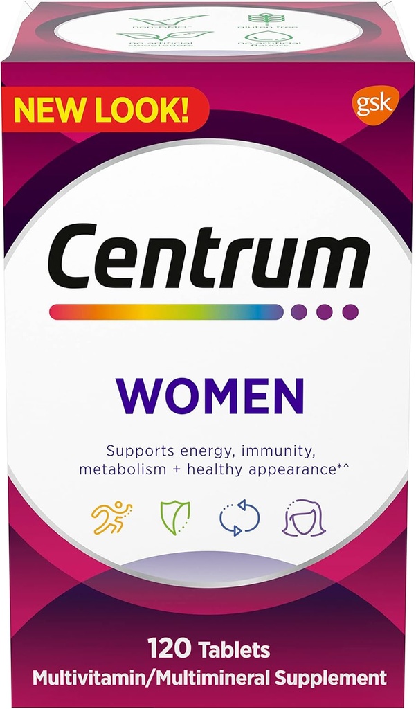 Centrum Multivitamin dla kobiet, Multivitamin / Multimineral Suplement z żelaza, Witamina D3, B Witaminy i przeciwutleniacze Witaminy C i E, Gluten Free, Non-GMO Składniki - 120 Liczba