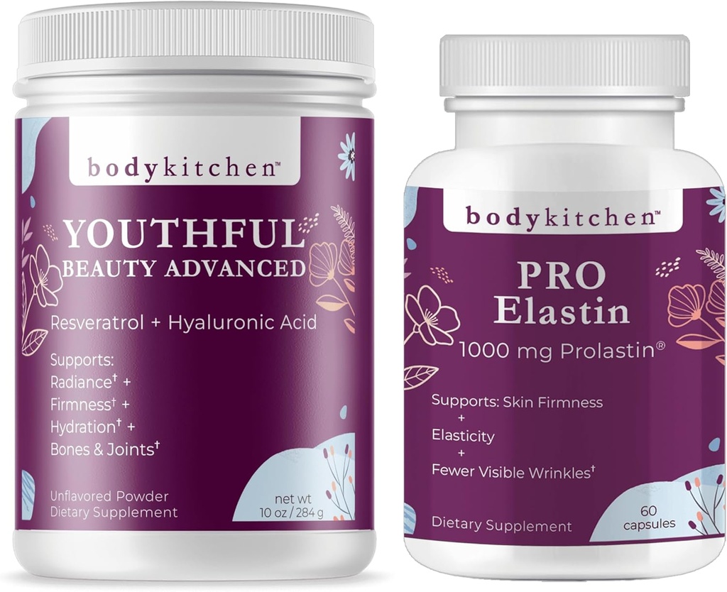Body Kitchen Youthful Beauty Advanced Collagen Peptides Powder and Resveratrol and Hyaluronic Acid 10oz and Pro-Elastin, Count of 60