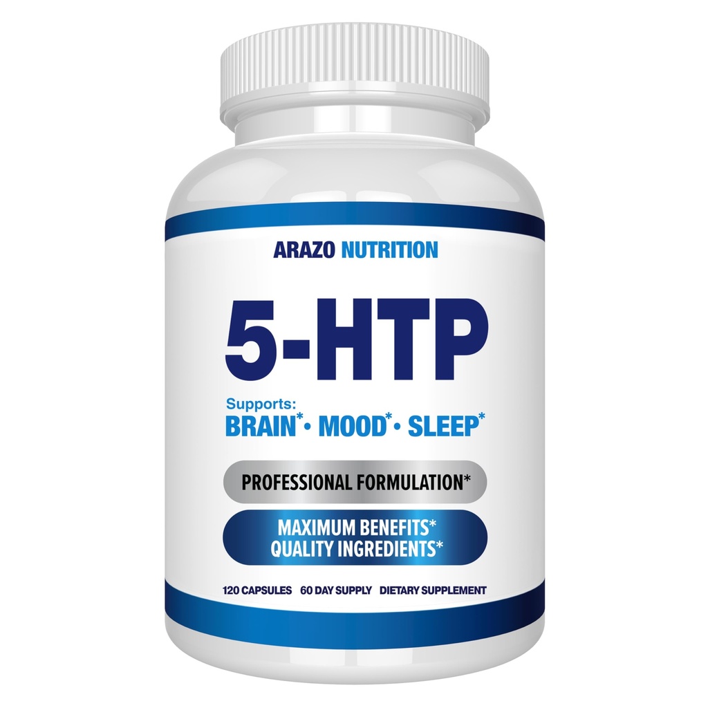 5- HTP 200 MG Per Serving Plus Wapń do nastrojów, snu - Wspiera spokój i spokój nastroju - 99% wysoka czystość - 120 kapsułek - Arazo Nutrition