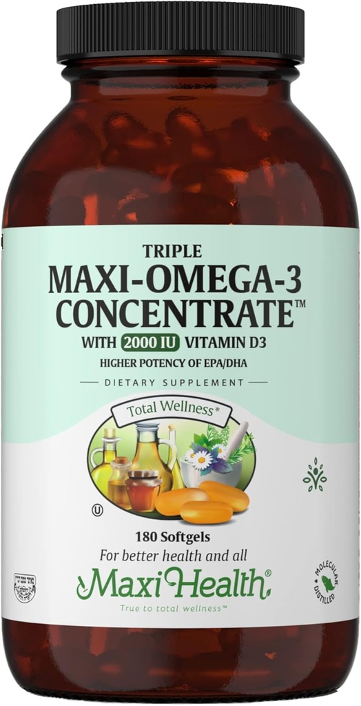 Omega 3 Suplement - Omega-3 Fish Oil Triple Concentrat with witaminy D3 - Pothent Source of EPA / DHA Fatty Acids - Heart, Brain, Joint Health - Kosher Certified Wild Caught Marine Fish - 180 Softgels