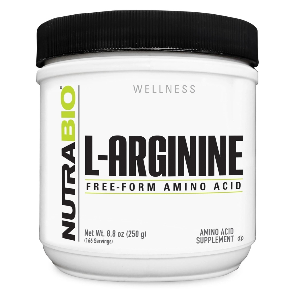 Suplement NutraBio L- Argininy, Prekursor 750mg tlenku azotu, Wspiera przepływ krwi, Zdrowie naczyniowe i wzrost mięśni, 250g