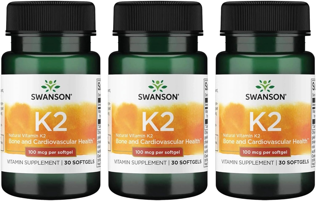 Witamina K2 Swanson (Menaquinone- 7) - Suplement Witaminy wspierający układ sercowo-naczyniowy i zdrowie kości - Wykonane z japońskiego Natto pomóc Regulacji Wapnia - (30 Softgels, 100 µg każdy) (3 opakowania)