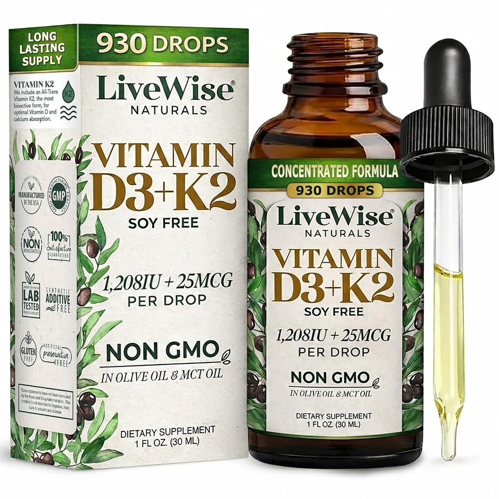 Witamina D3 z K2 płynnych kropli, Wszystkie naturalne, Non-GMO, 1208iu D3 i 25mcg K2 (mk7) na Serving, Wsparcie kości, układu immunologicznego i poziomu energii, z lub bez oleju miętowego