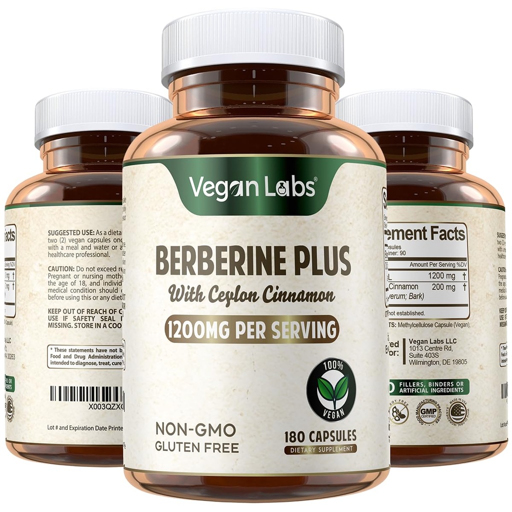 Vegan Labs Berberine HCL 1200MG z organicznym Cejlońskim Cinnamonem - 180 Vegan Capsules - Wspiera ogólne zdrowie i system immunologiczny