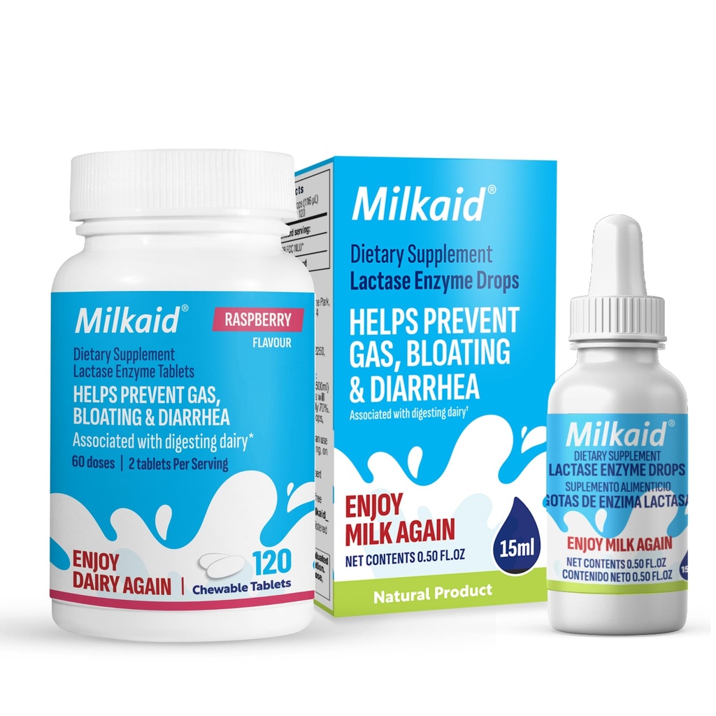 Milkaid Lactase Enzyme Drops Tablets for Laktoza Nietolerancja Ulgi 124; Zapobiega Gaz, Bloating & Biegunka 124; Dairy Digestive Supplement Supplement 124; 0,5 Fl Oz & 120 Malina Flavored Tablets
