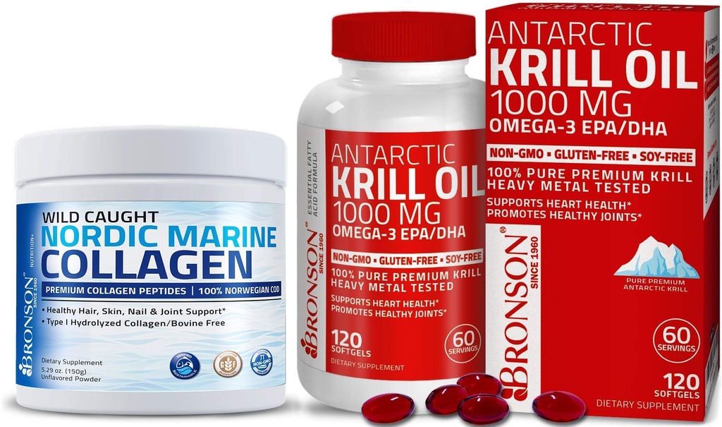 Bronson Marine Collagen Peptydes Protein hydrolizowany proszek + olej z kryla antarktycznego 1000 mg z Omega- 3 s EPA DHA