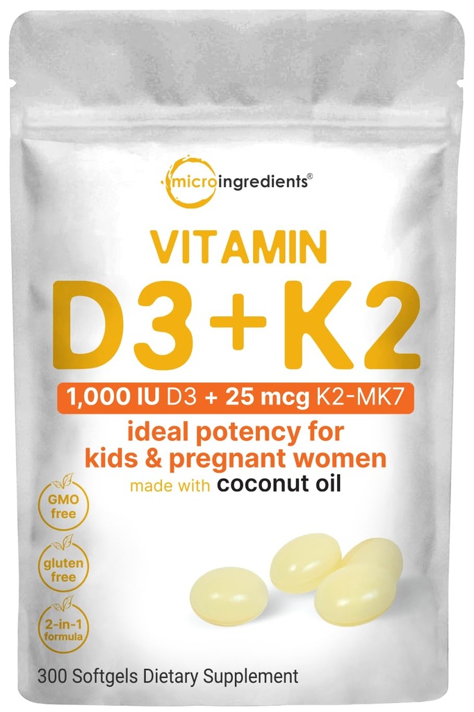 Micro Składniki Witamina D3 1000 IU + K2 MK- 7 25 mcg, 300 Softgeli 124; Olej kokosowy z pierwszego tłoczenia 124; 2- in-1 Kości, Immune & Heart Support Description 124; Łatwe połykanie, Non-GMO