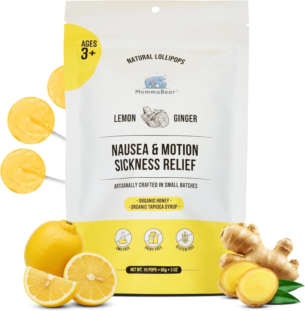 MommaBear Nudności & Motion choroby Lollipops - Non-GMO Lemon & Ginger Candy dla Nudności - Organiczne Lollipops dla dzieci 3 + & Kobiety w ciąży, aby złagodzić Quesness - Mocno uszczelnione dla świeżości (10 Pack)