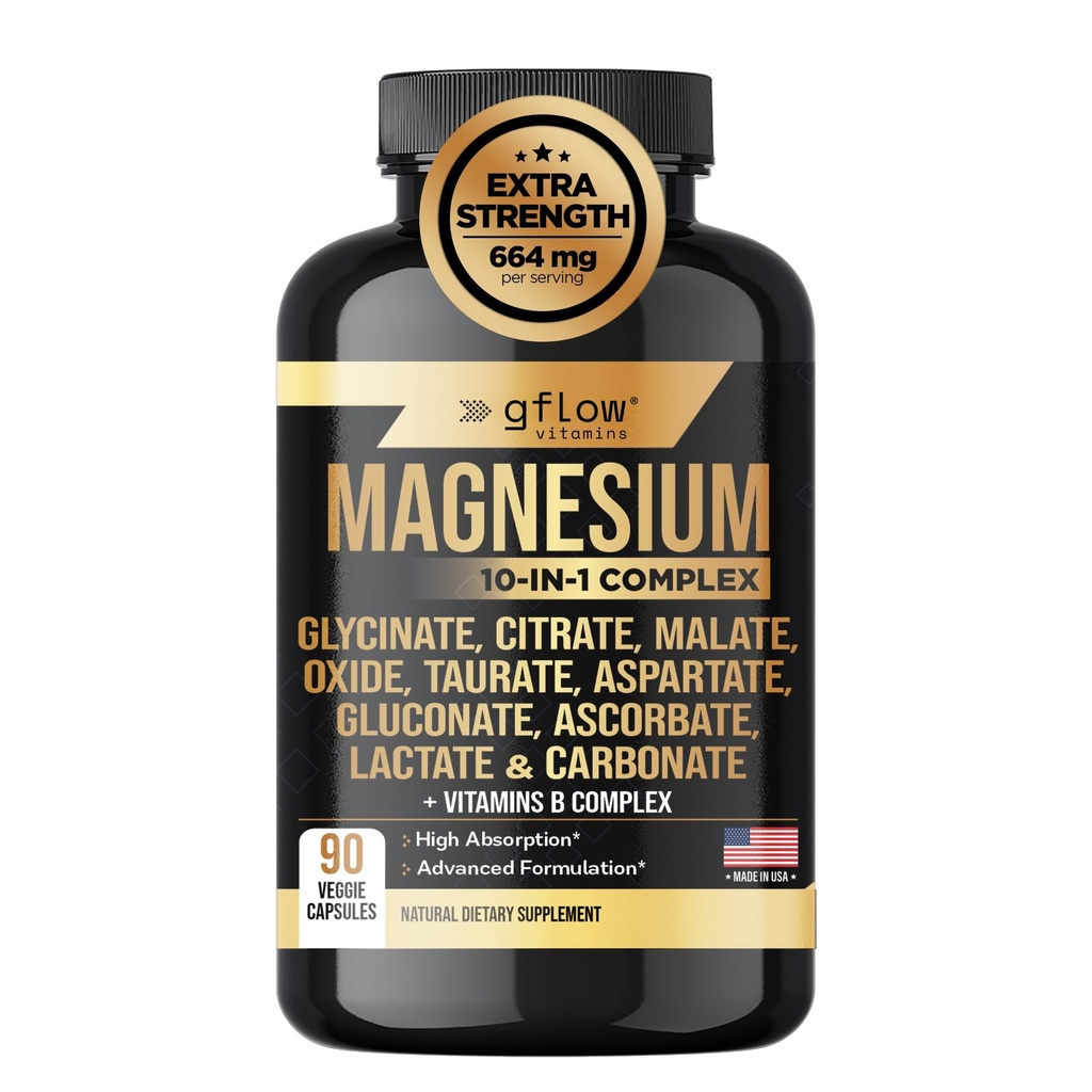 Magnezu Complex Supplement - 10 aktywnych form, glicynian, cytrat, jabłczan, tlenek, taurat, asparaginian, glukonian, askorbinian, laksat, karbonian, Plus więcej z witaminą C B1 B2 B6 B12