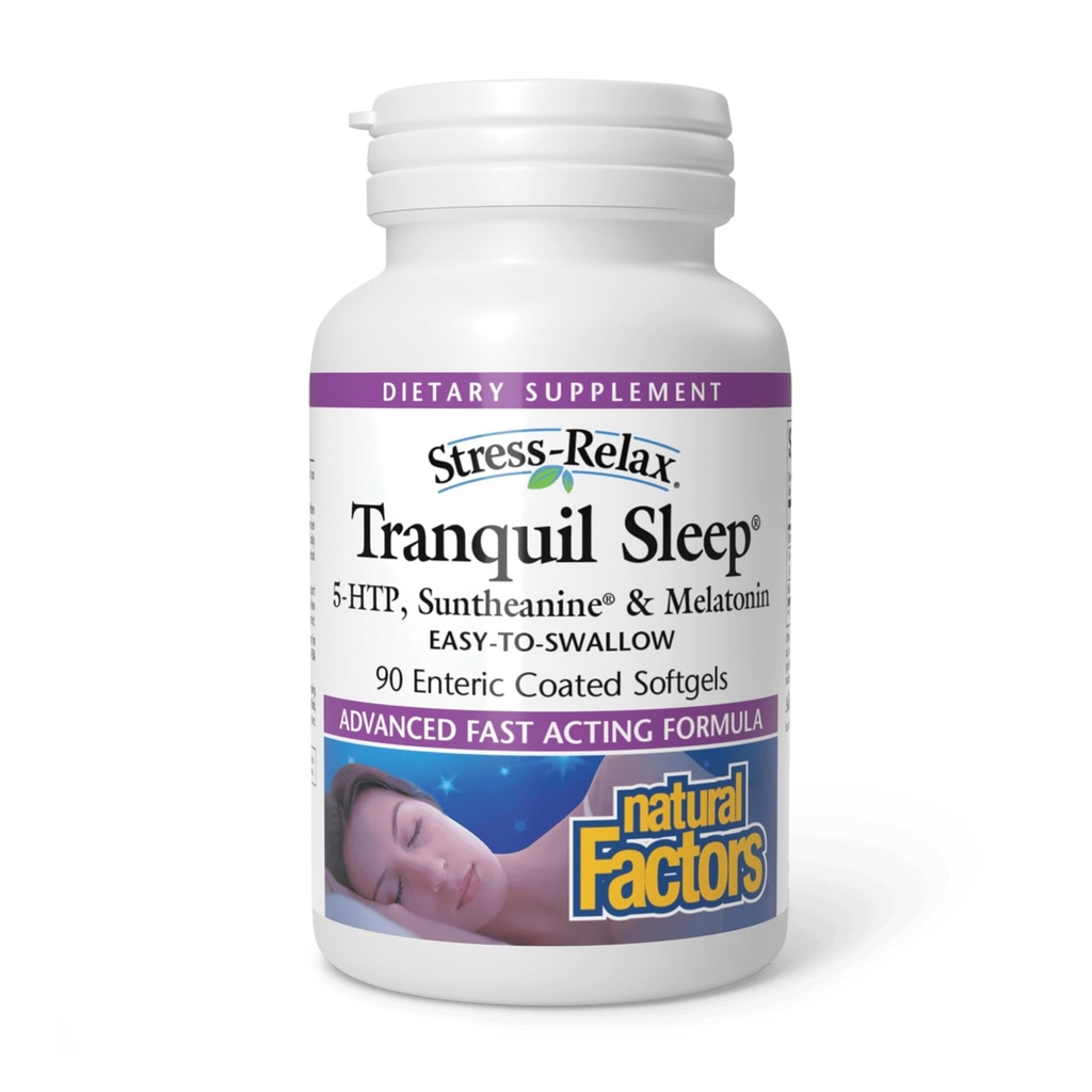 Stress- Relax Spokojny Sen przez naturalne czynniki, Pomoc snu z Suntheanine L- Theanine, 5- HTP, Melatonina, 90 Softgels
