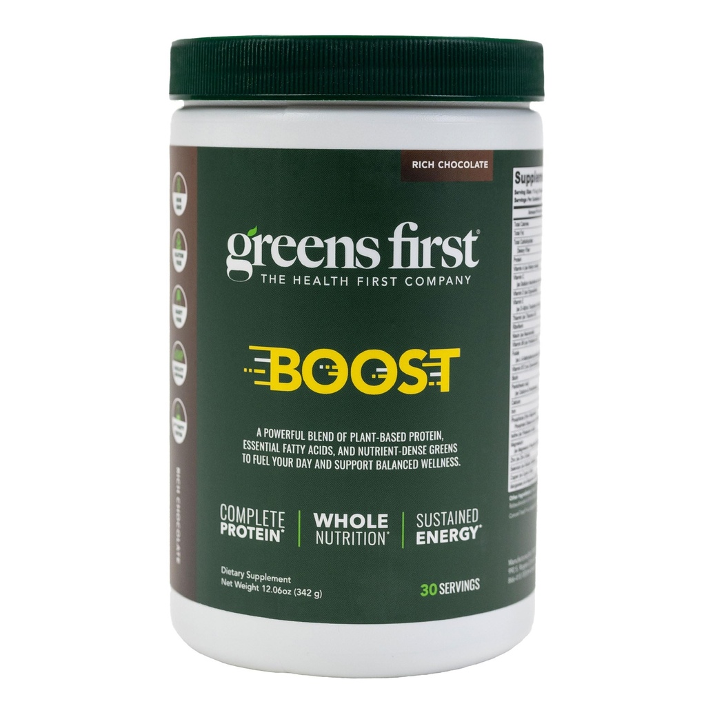 Zielone pierwsze boost - Białko oparte na plantacji i zbalansowane odżywianie - Superfood Shake Mix - No Wheat lub Soy - Darmowy - Wegan - Holenderska czekolada, 12.28 oz.