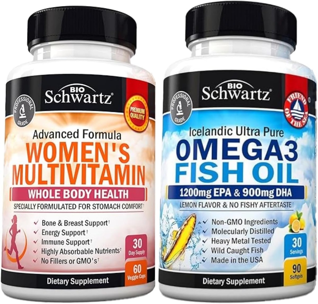 Daily Multivitamin for Women Kapsułki (1 Miesiąc dostaw) Plus potrójne siły Omega 3 Softgels oleju rybnego (1 Miesiąc dostaw)