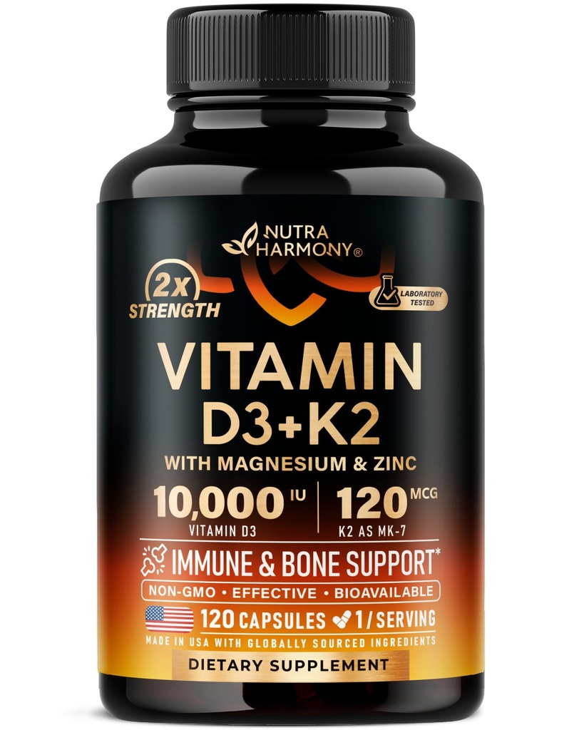 Witamina D3 K2 - Witamina D3 10000 iu & K2 jako MK- 7 120 mcg - Wsparcie immunologiczne i nastrojowe dla zdrowia kości i zębów - z magnezem, cynkiem i witaminą C & B12 - Wysoko Biodostępne - Made in USA, 120 Kapsułki