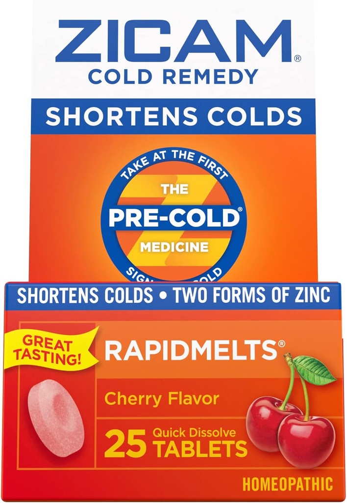 Zicam Cold Remedy Cynk RapidMelts, Cherry Flavor, Homeopatyczne, Cold Shorting Medicine, Skróty zimnego czasu trwania, 25 Count (Pack of 2)