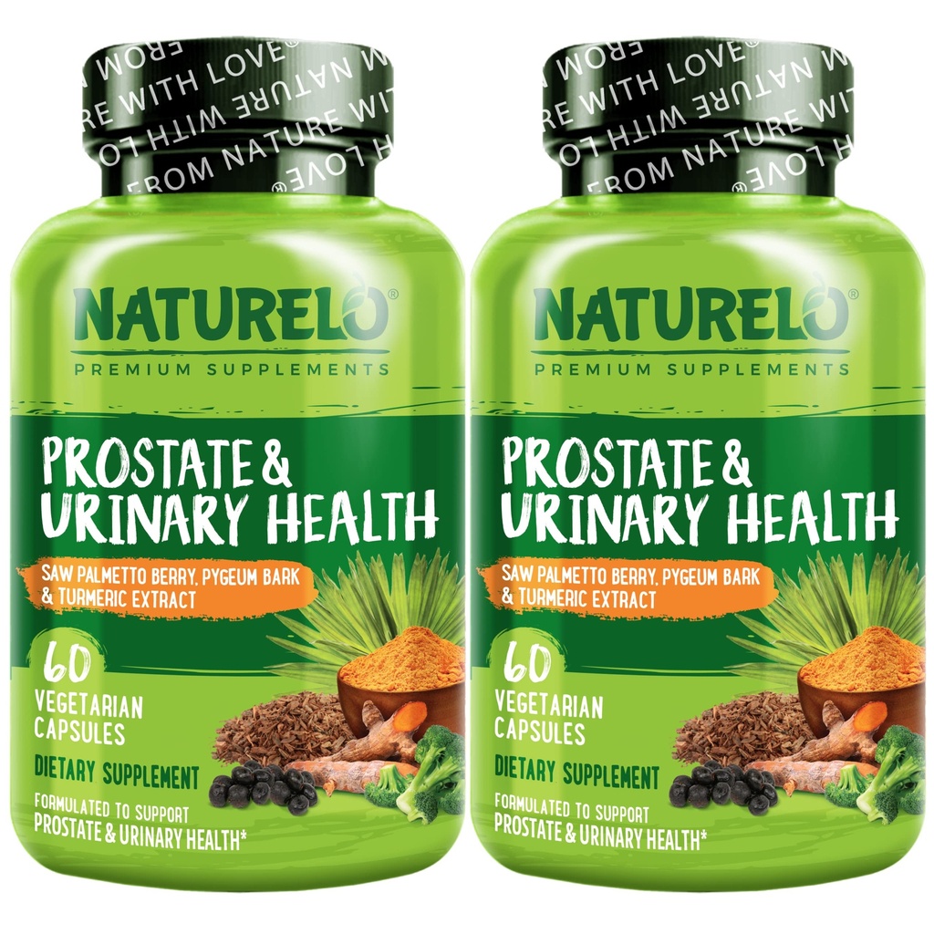 NATURELO Prostate & Urynary Health, Kompleksowa Formuła z Piłą Palmetto, Pygeum, Tumeryk, Sterole roślinne, Brokuły i Likopen, 60 Kapsułki wegetariańskie (Opakowanie po 2)