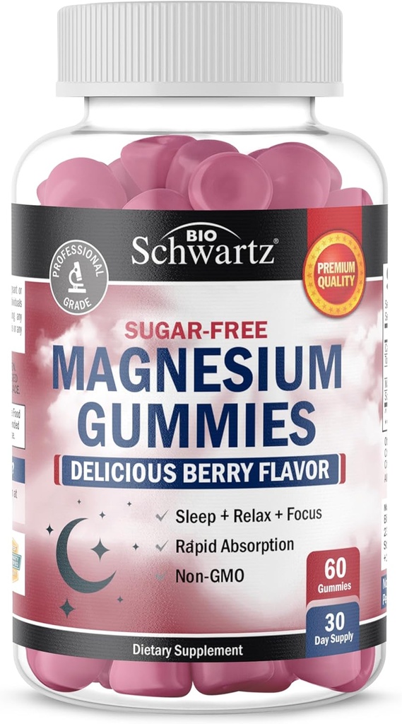 BioSchwartz Sugar Free Gummies Magnezu (30 Servings) Berry Flavored Magnezu Citrate Supplement Pomaga zdrowe Nerwy Mięśnie energii spokojny nastrój i sen (Vegan Safe, Nie GMO, 60 Gummies)
