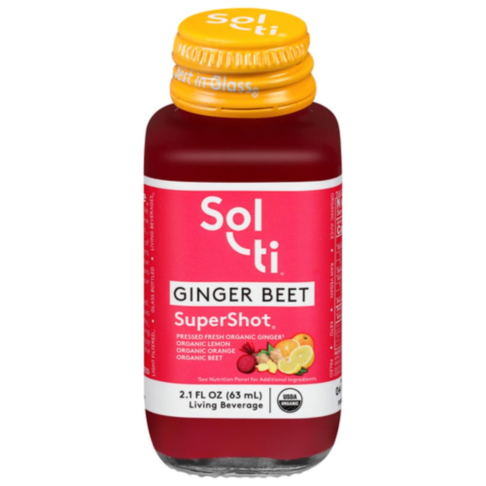 Sol-ti Organic GINGER BEET SuperShot Drink, Supports Active Lifestyles, Circulation and Vitality, Cold-Pressed Orange and Lemon Juice Blend, 12 Pack (2.1 Fl oz)