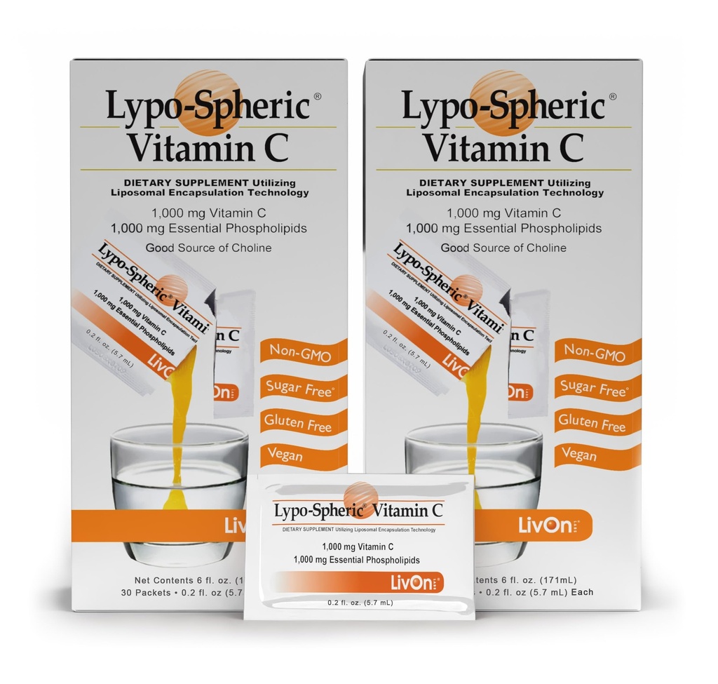 LivOn Laboratories Lypo- Spheric Witamina C - 1000 mg Witamina C & 1000 mg Podstawowe fosfolipidy Per Packet - Liposome Encapsulated for Improved Absorption - Non-GMO (2 pudełka tekturowe, 60 opakowań)