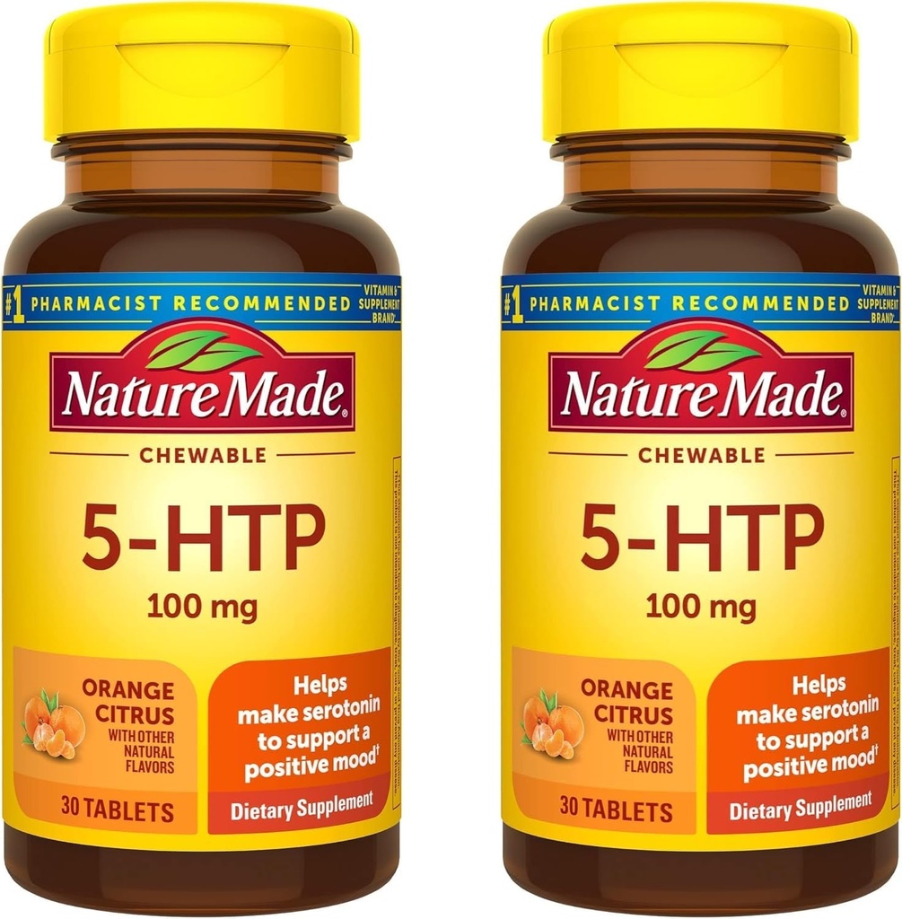 Nature Made Chewable 5HTP 100mg, 5-HTP Mood Supplement Supplement, 30 HTP Chewable Tablets, 30 Day Supply (Opakowanie 2)