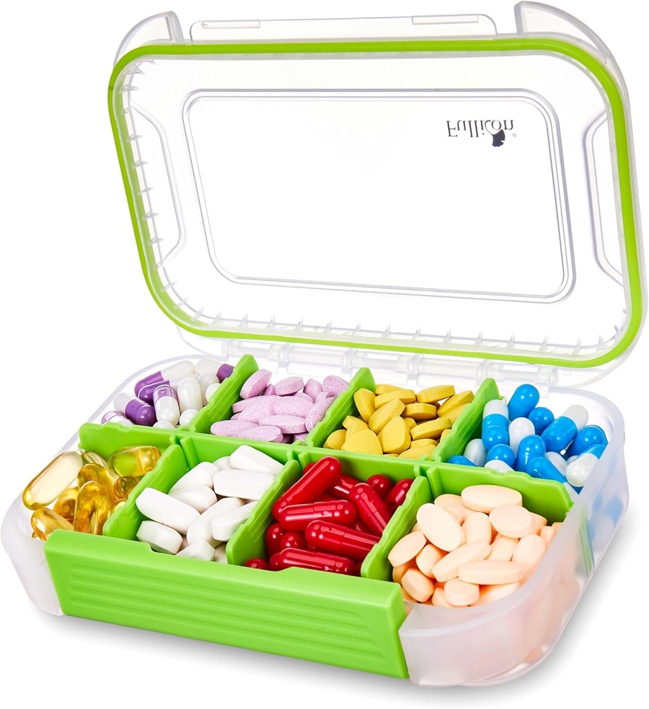 Fullicon Duży Pill Organizator z 8 Komory, Moisture Proof Travel Pill Box z usuwalnym Divider, Daily Pill Container z Lables, Pill Case dla witaminy, Olej rybny, Suplement (Clear Green)