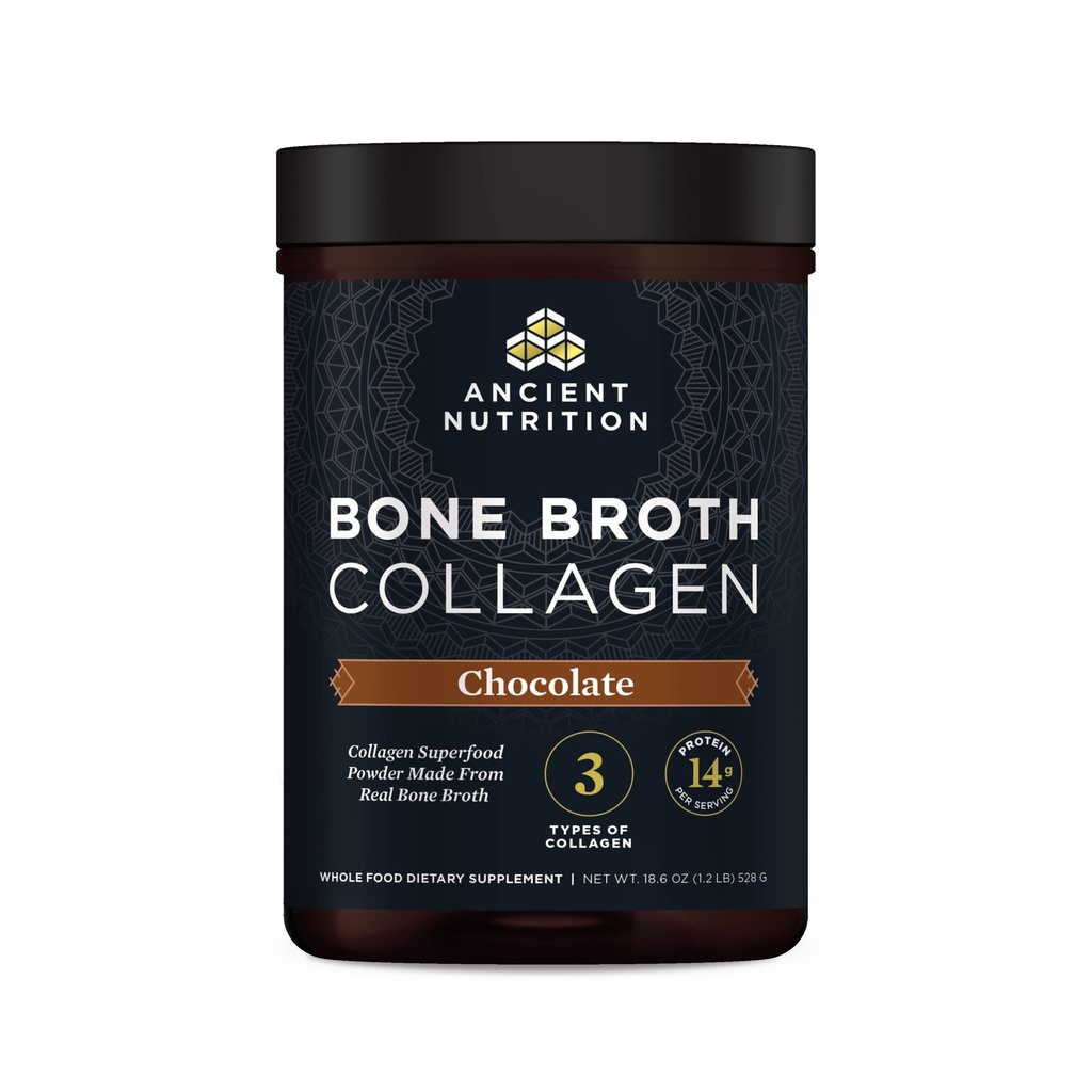 Ancient Nutrition Collagen Proszek, Kolagen Bone Broth, Czekolada, Zhydrolizowane Multi Collagen Peptydy, Wspiera skórę i paznokcie, Suplement Joint, 30 Służenia, 18.6oz
