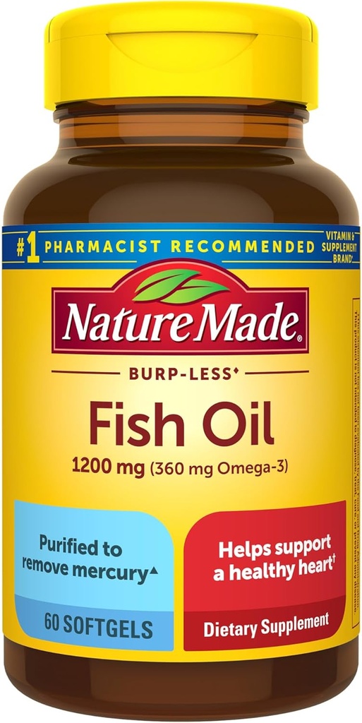 Nature Made Burp Less Fish Omega Oil 3 Suplementy, 1200 mg Softgels, EPA DHA Omega 3 Fish Oil Supplements for Healthy Heart Support, 60 Softgels, 30 Day Supply