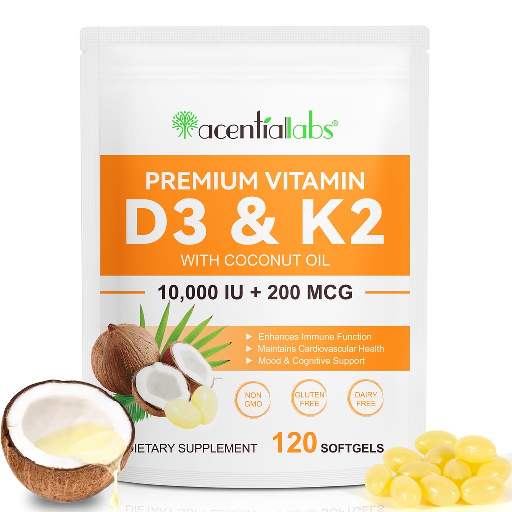 Witamina D3 K2 Suplement Softgels, 10000 IU VIT D3 + 200 MCG K2 (MK- 7) Bilans 124; 2- in-1 Formuła uzupełniająca z oleju kokosowego, Wspiera wchłanianie wapnia, Łatwy do połknięcia 120 Kapsułki.