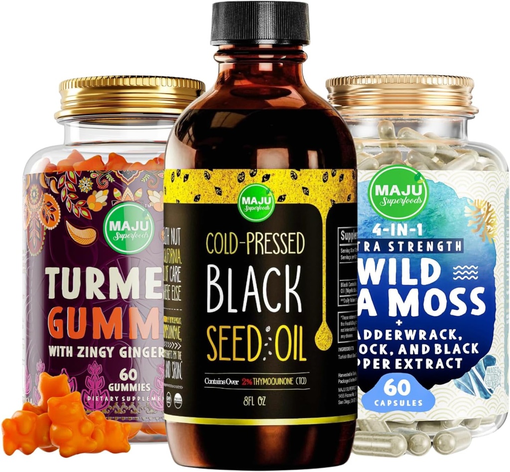 Maju Superfoods Black Seed Oil, 4- in-1 Sea Moss Kapsułki i kurkumina kurkumina Ginger Gummies Bundle