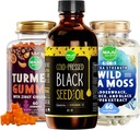 Maju Superfoods Black Seed Oil, 4- in-1 Sea Moss Kapsułki i kurkumina kurkumina Ginger Gummies Bundle