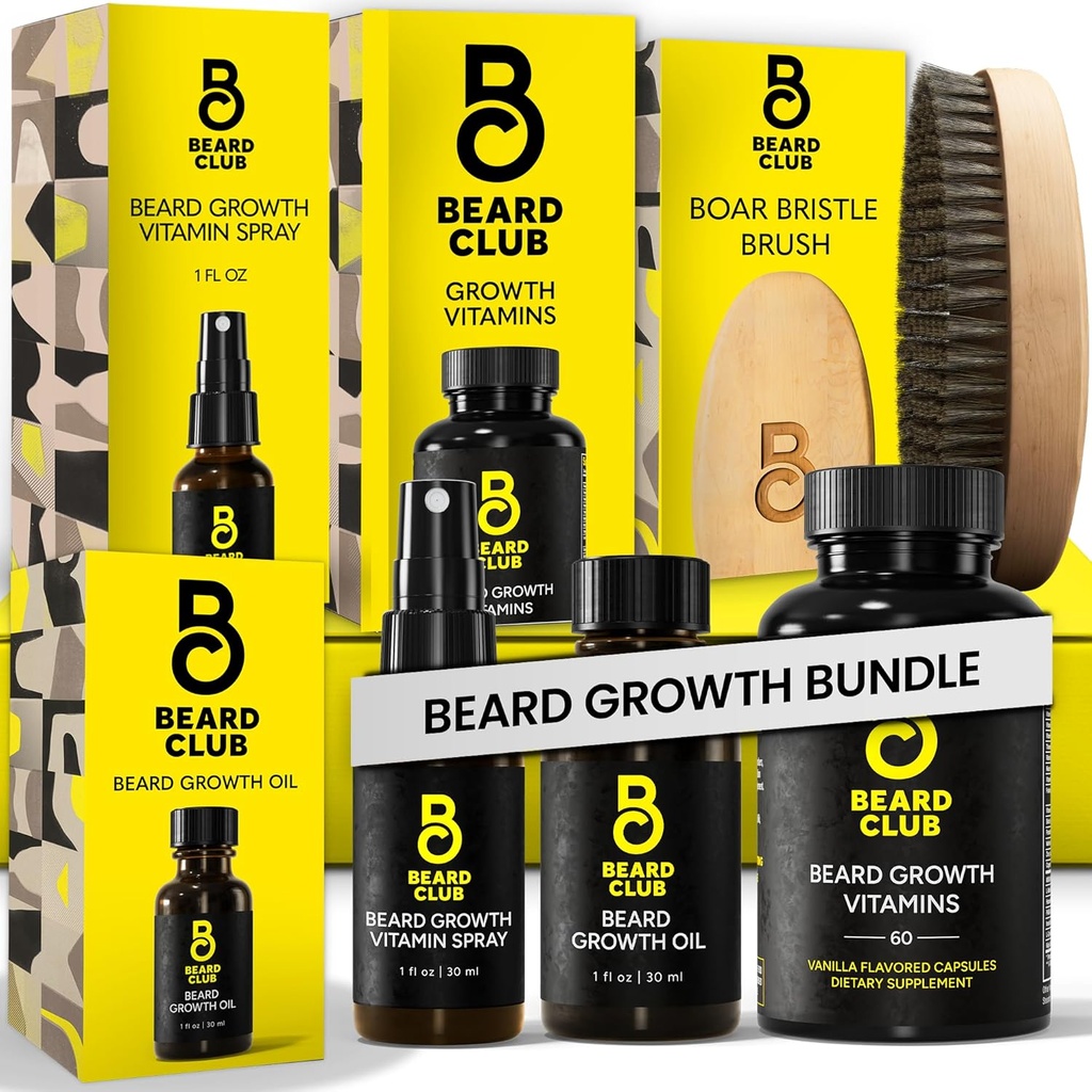 Beard Club Premium Beard Growth Kit - Olej wzrostu, witaminy, witamina spray & Boar Bristle Brush - Zestaw prezentów
