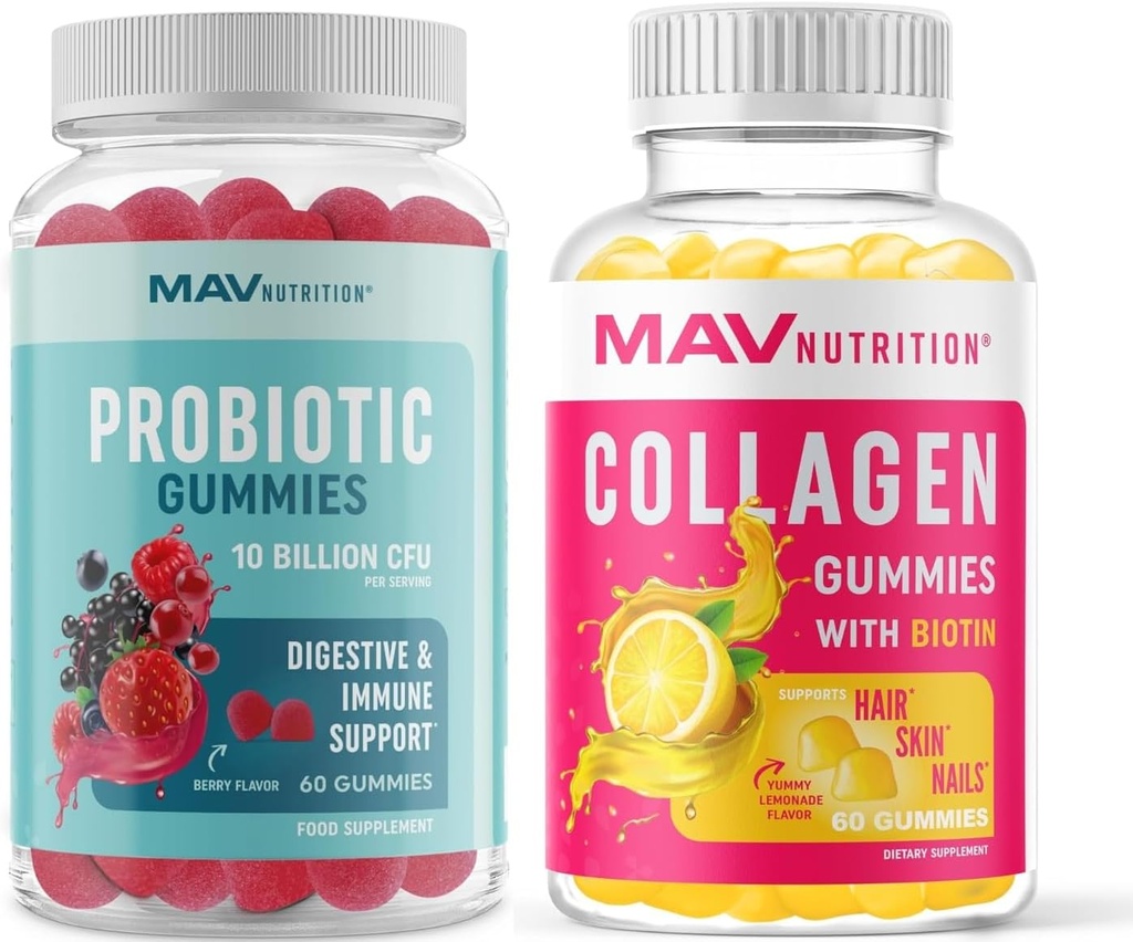 MAV NUTRITION Gummies Kolagen dla kobiet i protetyków probiotycznych 124; Włosy, skóra, paznokcie, i Gut Health Support z Biotin, Witamina C, i 5 Miliard CFU 124; 60 Gummies Każdy