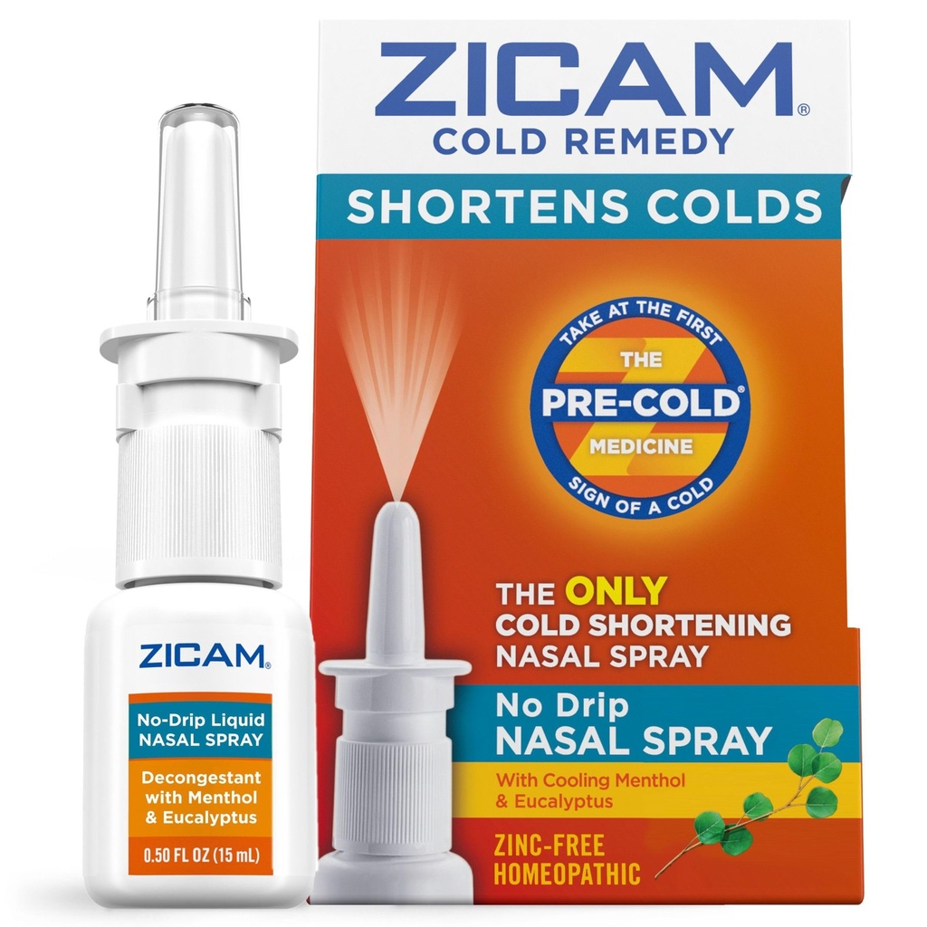 Zicam Cold Remedy No- Drip Nasal Spray z chłodzeniem Menthol & Eucalyptus, Homeopatic, Zinc- Free, Pre- Cold Medicine, Skróty zimnego czasu trwania, 0.5 unce