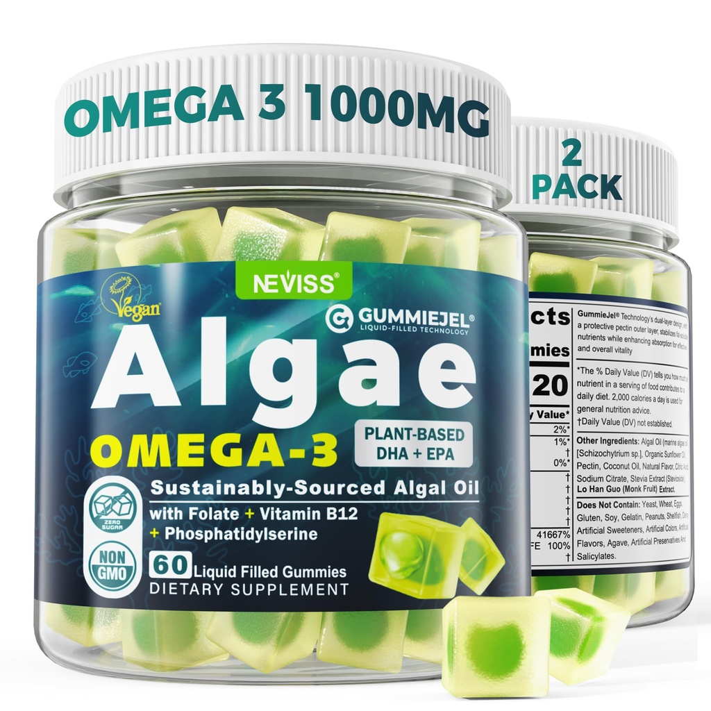 2 Pack Algae Omega 3 Gummies 1000mg, Plant Based DHA 460mg & EPA 230mg, Omega 3 Fish Oil Alternative dla dorosłych, Plus MethylFolate, Witamina B12, Fosfatydylseryna, No Fishy Taste, Wegan, Cukier wolny