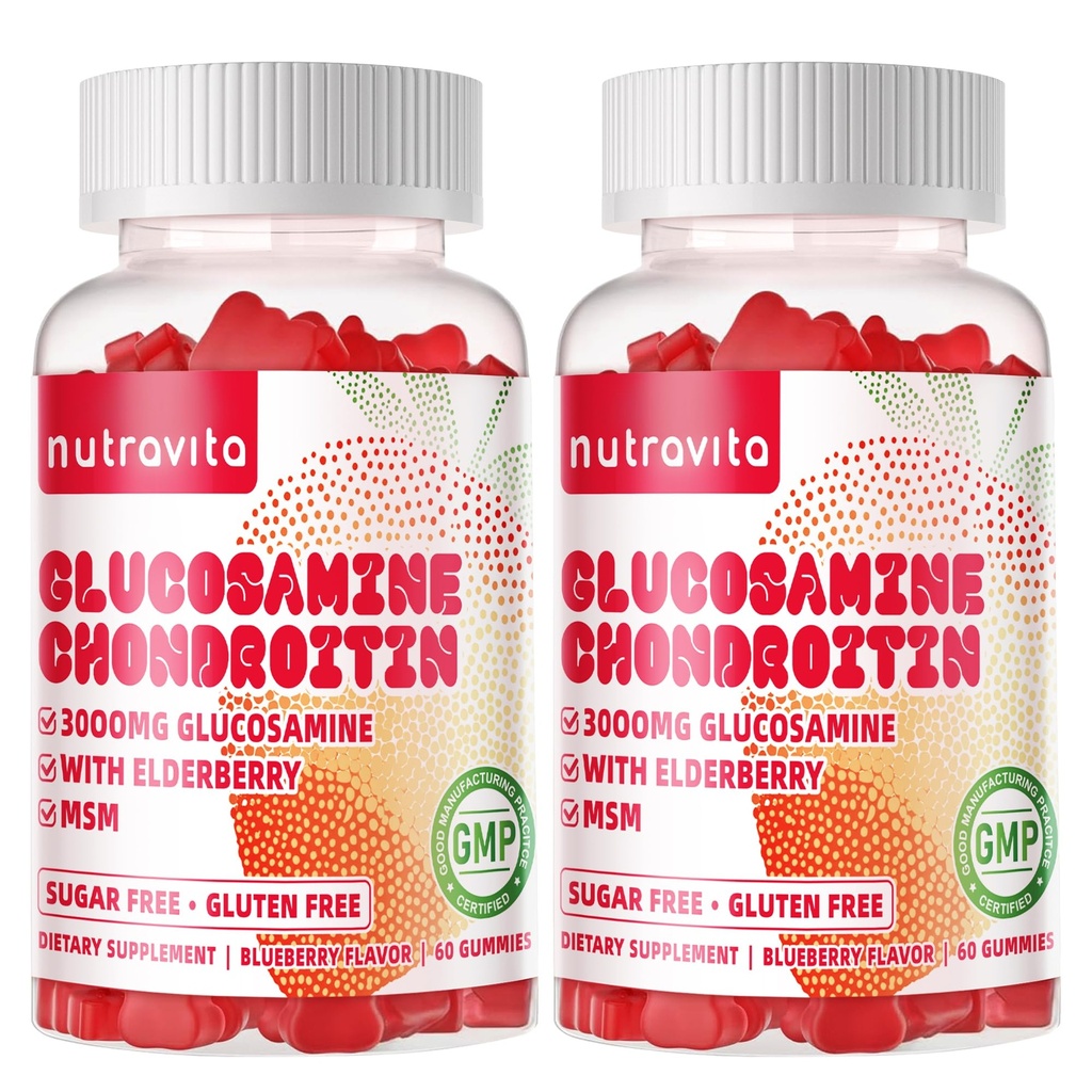 Nutravita Glukozamina Gummies Chondroitin z SM & Elderberry Extra Siła - Joint Support, Antyoksydant immunologiczny Suplement Wsparcia dla dorosłych, Mężczyźni i Kobiety. 120 Truskawki do żucia