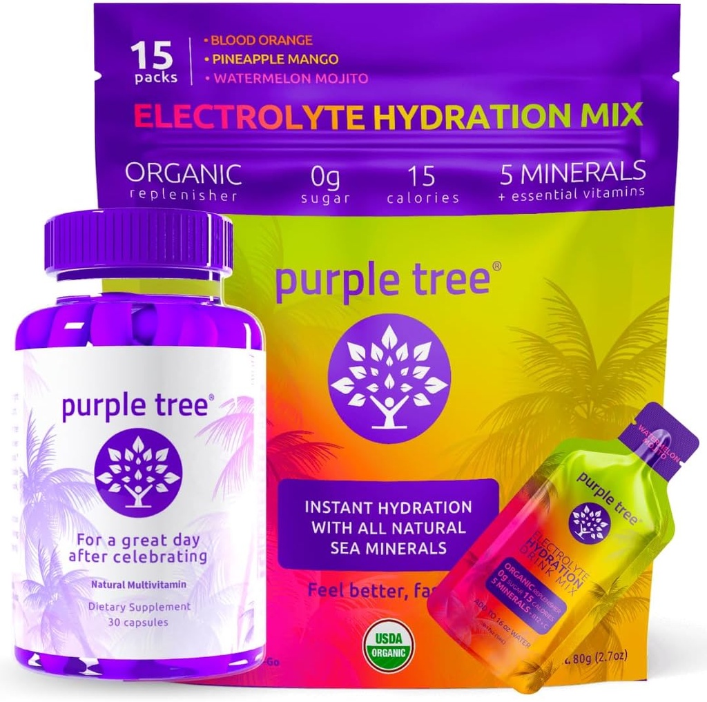 Fioletowe drzewo Post- Celebration Wellness + Hydration Pakiety elektrolitów 124; Nawodnienie organiczne, Szczęśliwa Wątroba 124; 30ct Butelka + 15 Nawadnianie Sticks dla wody