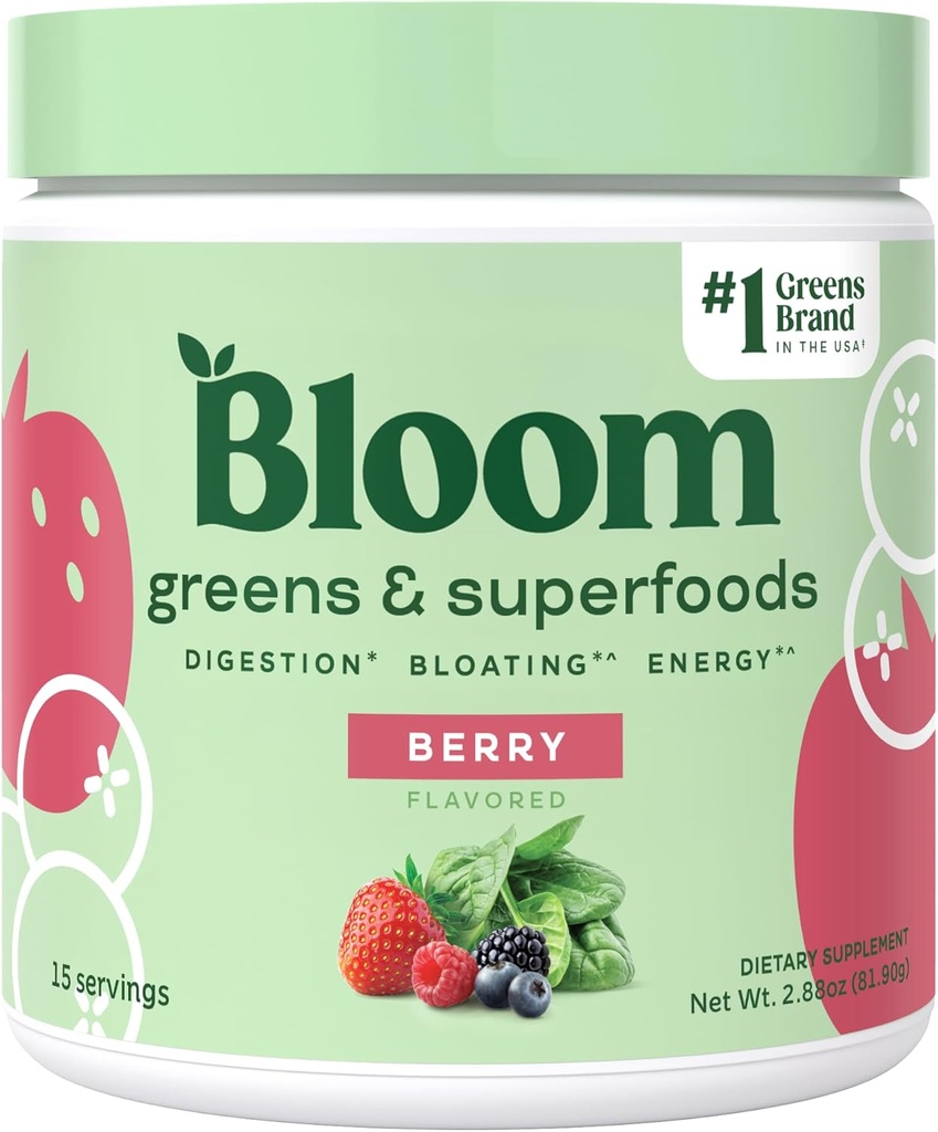 Bloom Nutrition Superfood Zielone Proszek, Enzymy trawienne w / Probiotyki i Prebiotyki, Gut Health, Bloating Relief for Women, Chlorella, 15 SVG (15 Servings (Pack of 1), Berry)