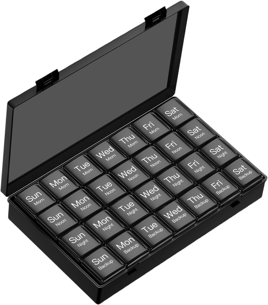 Big Weekly Pill Organizator, 4 razy dziennie, 7-dniowy Moisture- Proof Pill Box z 28 przegródkami, Zdolny do zakwaterowania dużych ilości witamin, Suplementy, Olej rybny i medycyna (czarny)