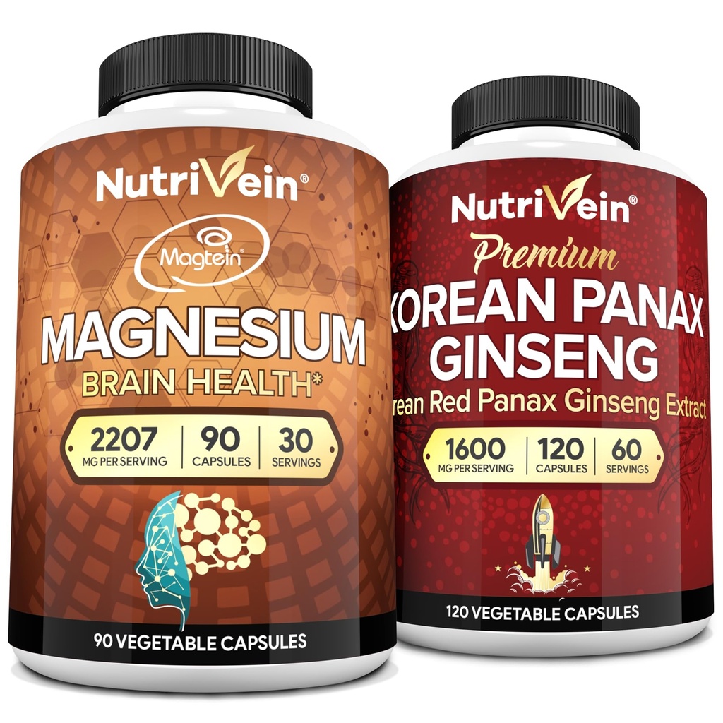 Żywotna żyłka Premium Magnezu L- Threonian & Panax Ginseng Supplement Bundle: Wysokoabsorpcyjny Magnezu Threonian i Red Ginseng Supplement Pair for Brain, Mood, & Vitality