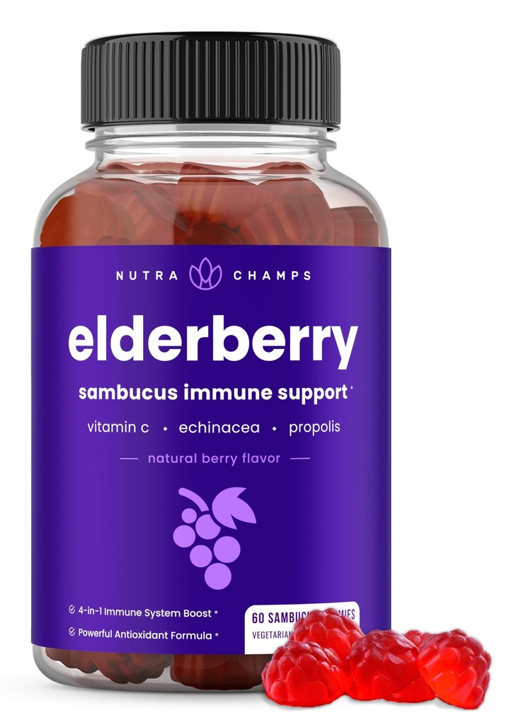 NutraChamps Elderberry Gummies z witaminą C, Propolis & Echinacea - System immunologiczny Wsparcie Gummy witaminy dla dorosłych i dzieci - Max Siła 200mg Sambucus Przeciwutleniacz