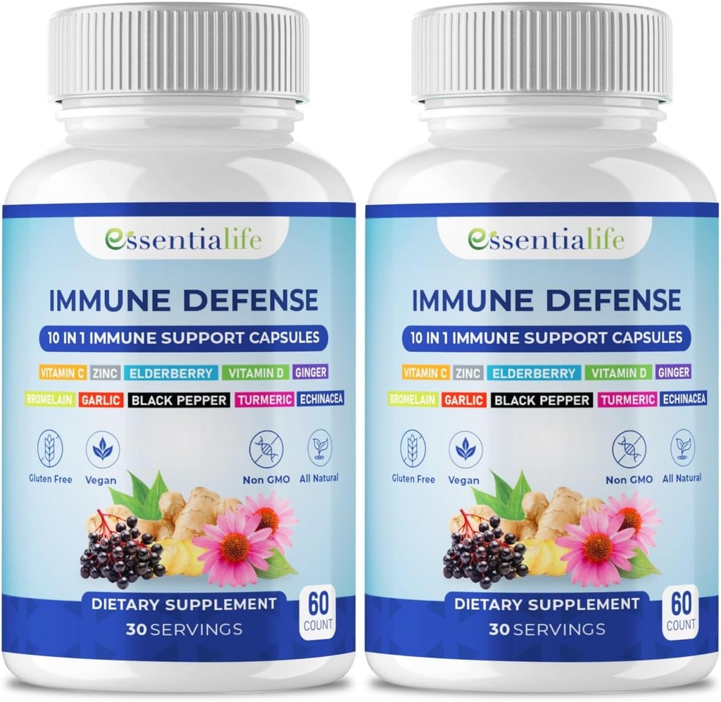 Suplement wsparcia immunologicznego - 2 opakowania 10 w 1 Elderberry, Echinacea, Witamina D, Witamina C 1000mg i Suplement cynku - z immunologicznym Booster dla dorosłych - 120 Vitamin kapsułki