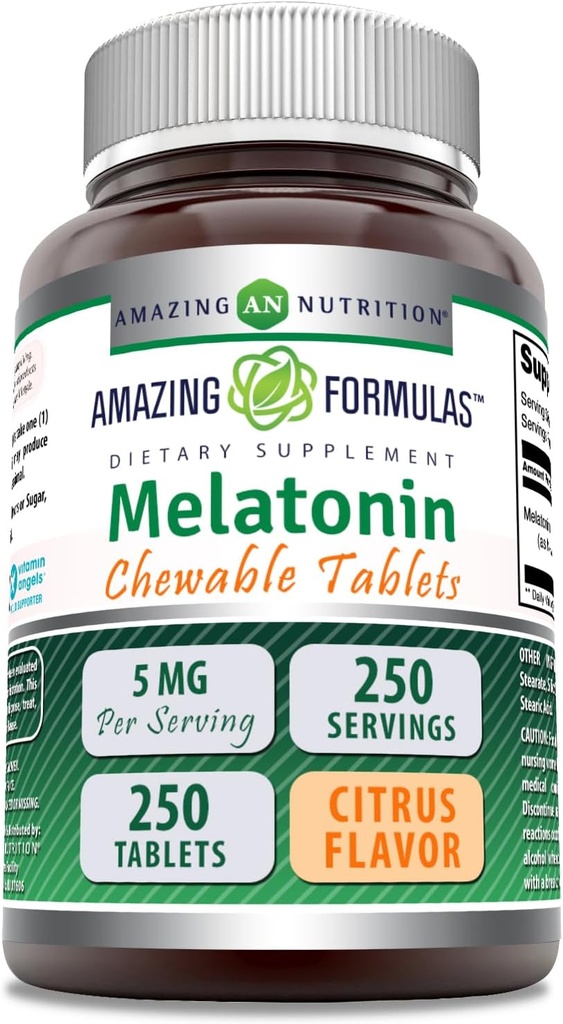 Amazing Supplement Melatonin Chewable Supplement EVE 124; 5 Mg Per Serving EVE 124; 250 Tablets EVE 124; Non-GMO EVE 124; gluten- Free EVE 124; Made in USA (Citrus Flavor)