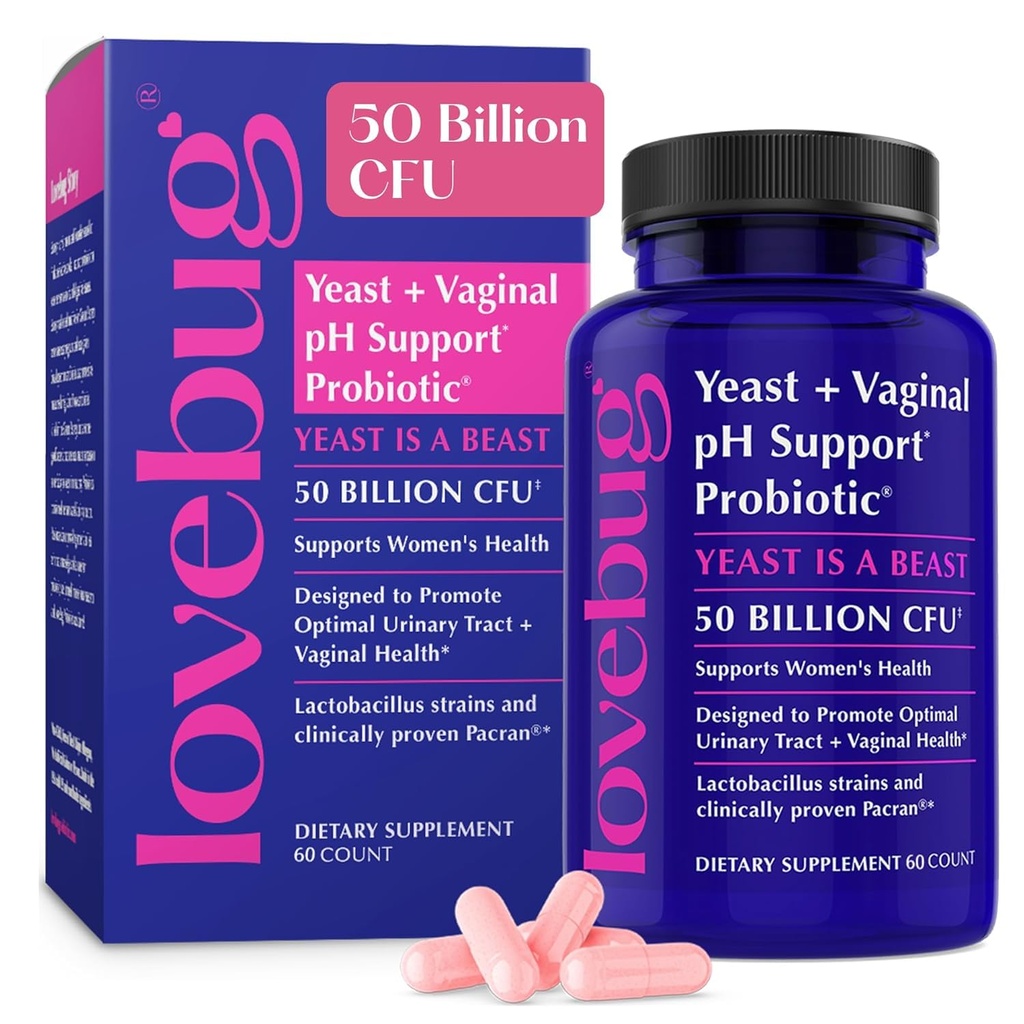 Lovebug Yeast i Vaginal Probiotyki dla kobiet pH Równowaga & Trakt moczowy, 50 Miliard CFU, UTI, BV, Wsparcie zapachu z Lactobacillus, Bifidobacterium, Digestive & Vaginal Health Supplement 60 Kapsułki