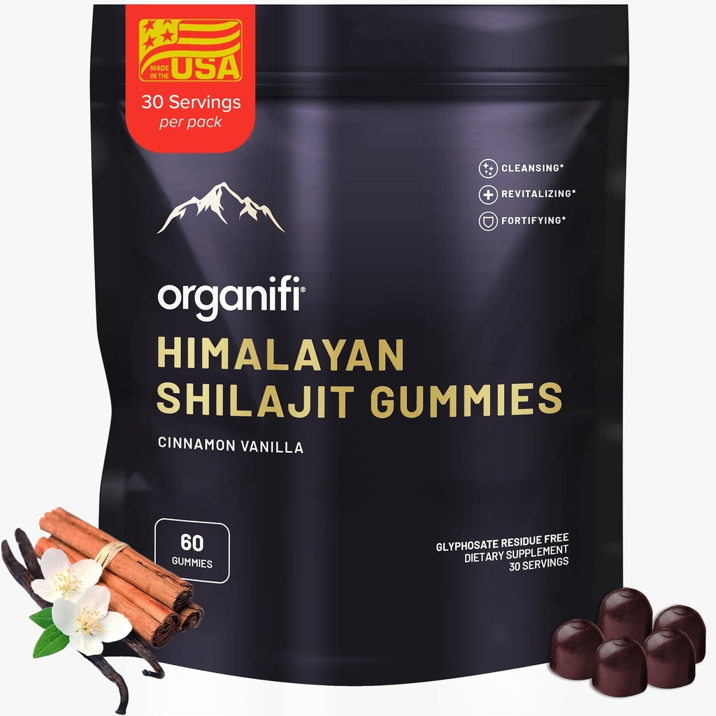 Organifi Shilajit Gummies - Himalayan Shilajit dla mężczyzn i kobiet z PrimaVie Shilajit, 40- Plus Minerały śladowe, i więcej - Hormon Balancer, zwiększa energię komórkową, Tłuszcz i więcej, 60 Hrabia