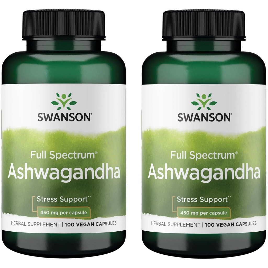 Swanson Ashwagandha Powder Supplement - z Ashwagandha Root do promowania odprężenia i energii - Ayurvedic Supplement for Natural Wellness (100 kapsułki, 450mg każdy) 2 opakowanie