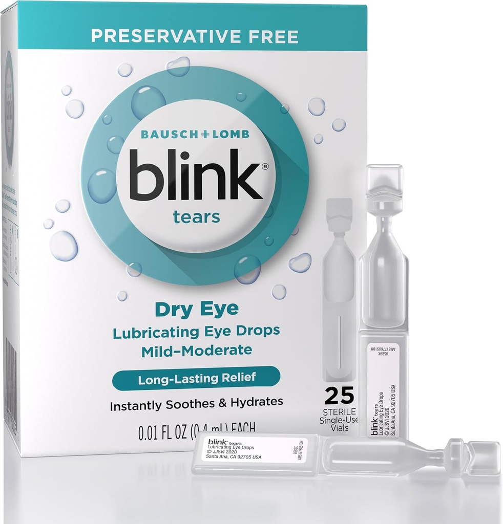 Mrugające łzy smarujące krople do oczu Preservative Free, Moisturizing & Koething dla łagodnego do umiarkowania suchego oka, z hyaluronate, Redukuje dyskomfort, długotrwały hydration, 0.01 Pojedyncze - Użyj Vials, 25 Count